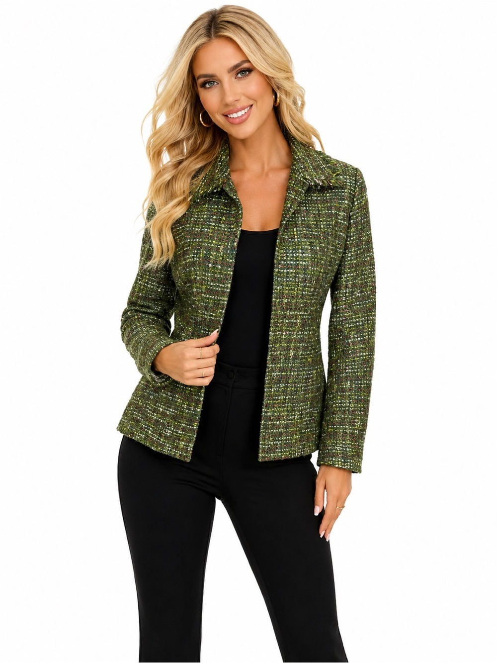 Le Suit Blazer Jacket Size 4P Green Tweed Lined Open Front Career Petite